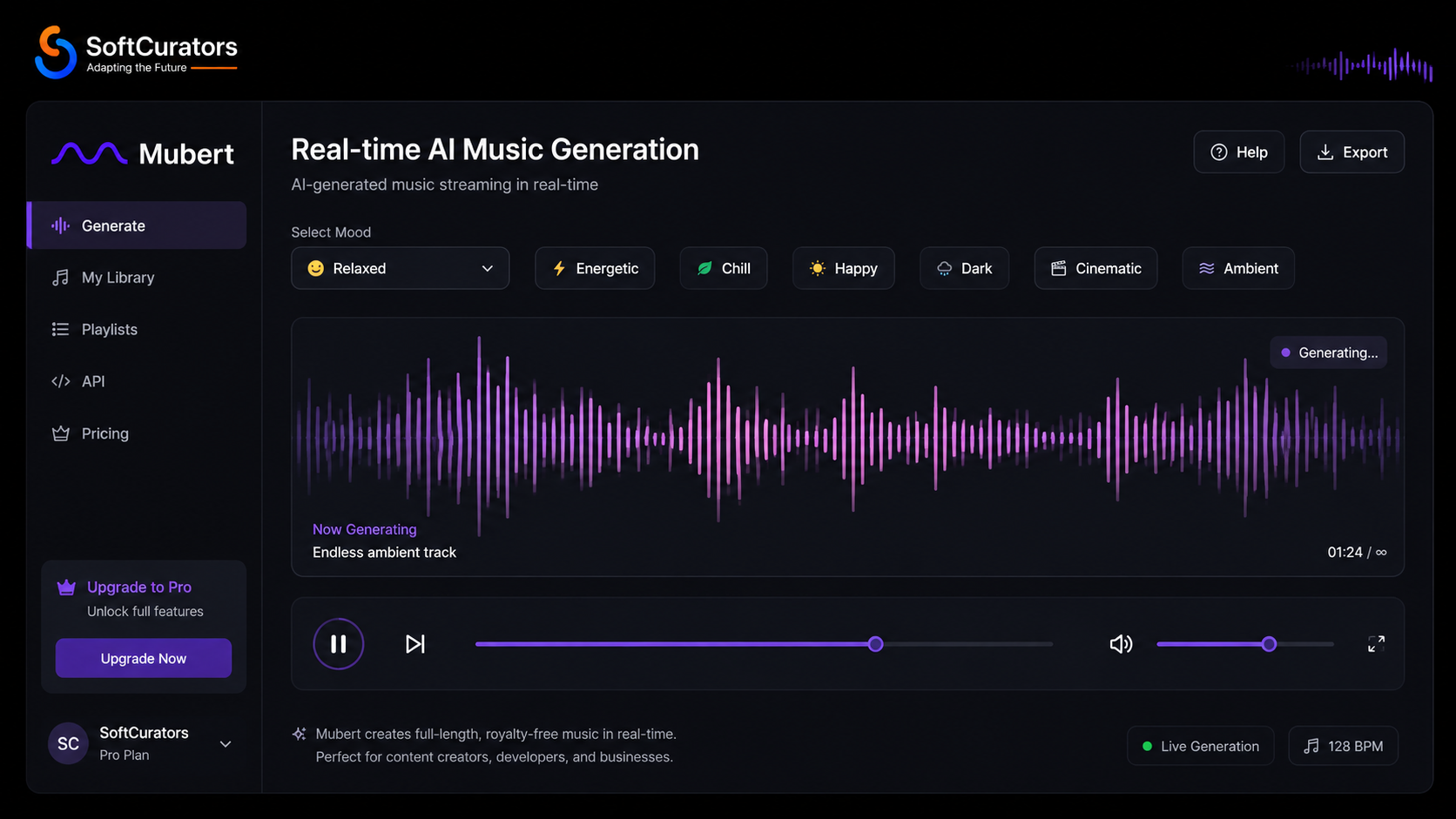 Mubert AI music platform best Suno AI alternative for real-time background music and API integration