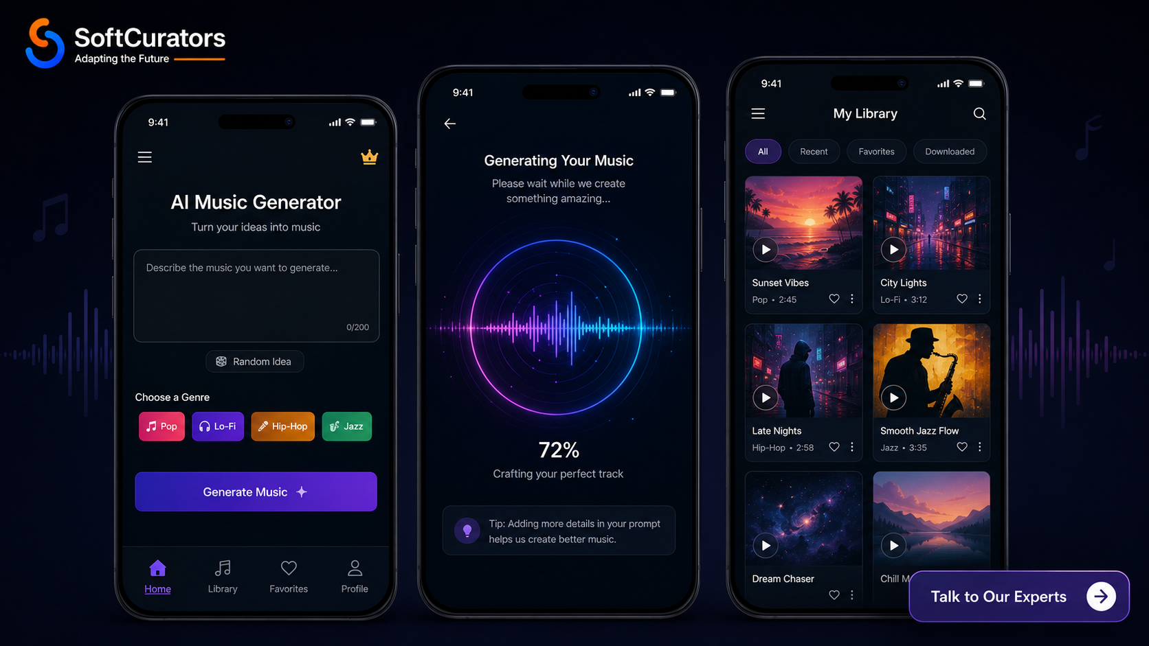 UI/UX design screens for an AI music generation app showing home, generation and library screens