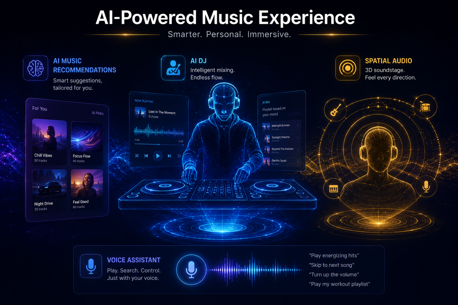 Next generation features of music streaming apps in 2025 including AI DJ, spatial audio, and voice-controlled playback