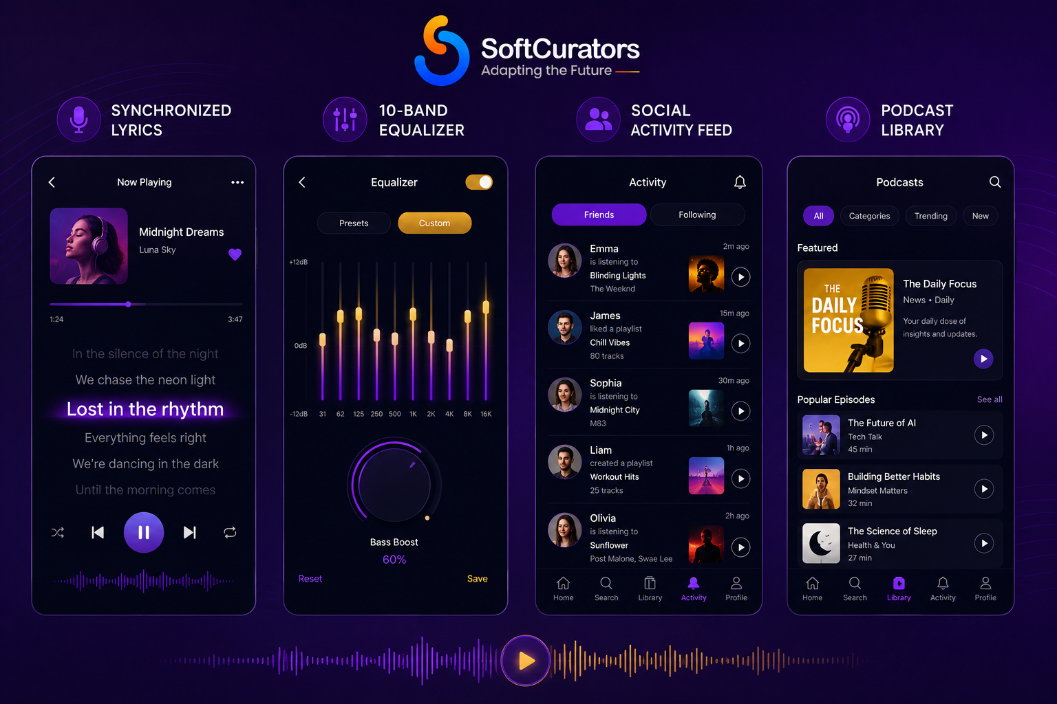 Advanced essential features of a music streaming app including lyrics sync, social sharing, equalizer and AI-driven features