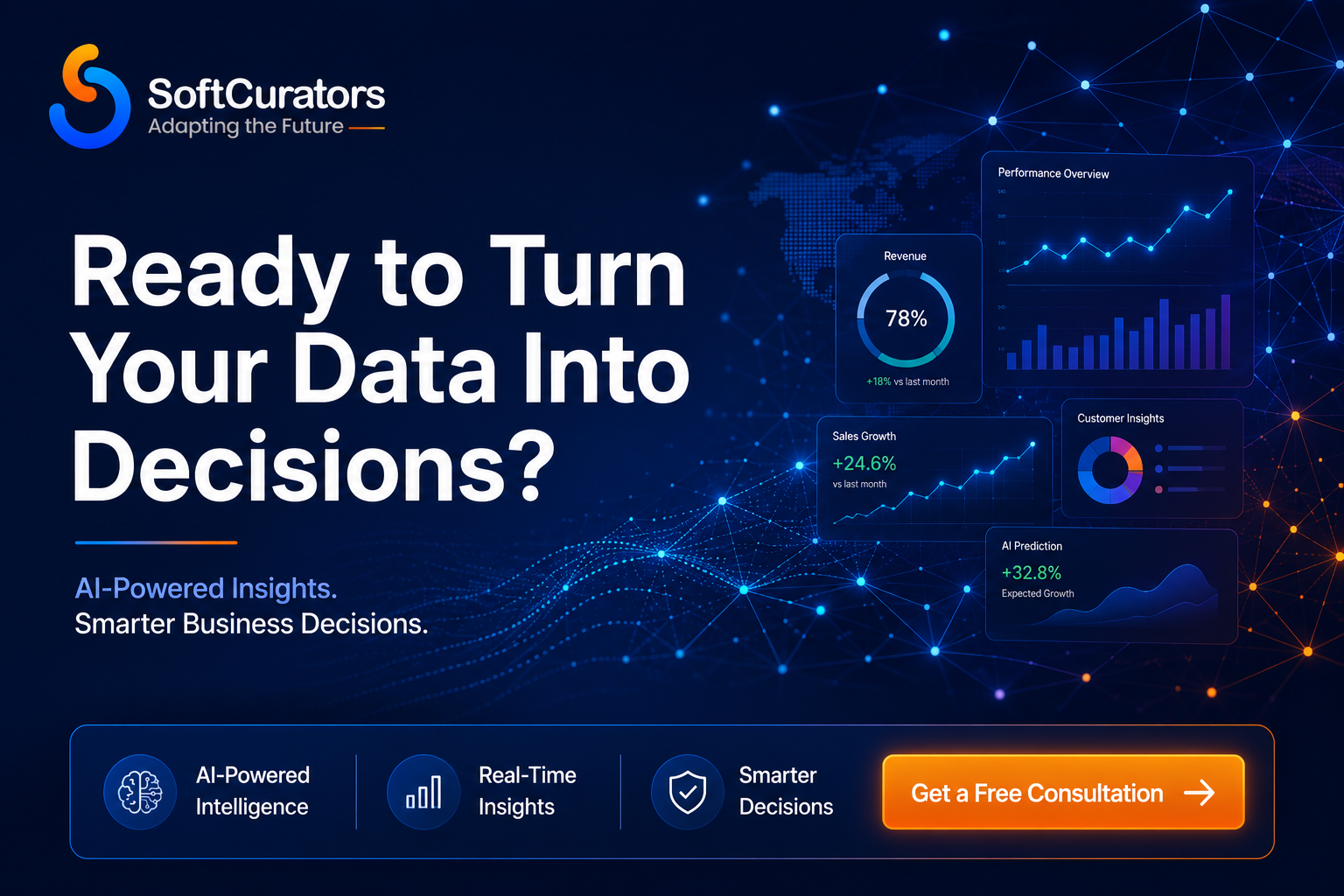 Softcurators contact us section for AI-powered business intelligence development services with call-to-action button