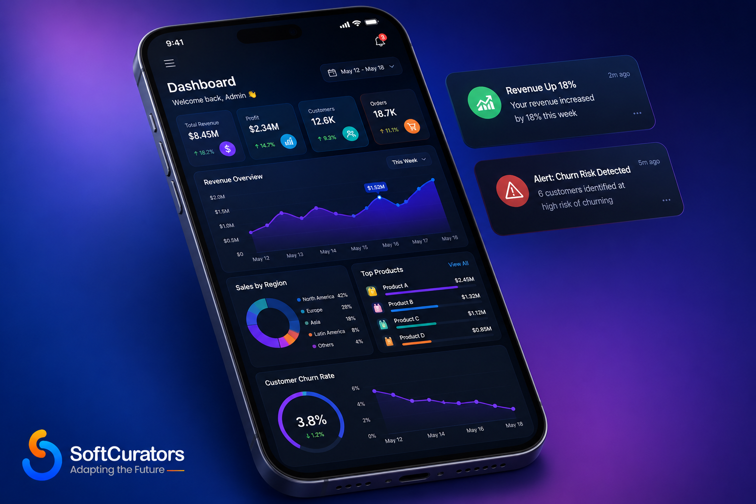 Mobile-first AI business intelligence dashboard on smartphone showing real-time KPI analytics and data visualizations for executives on the go