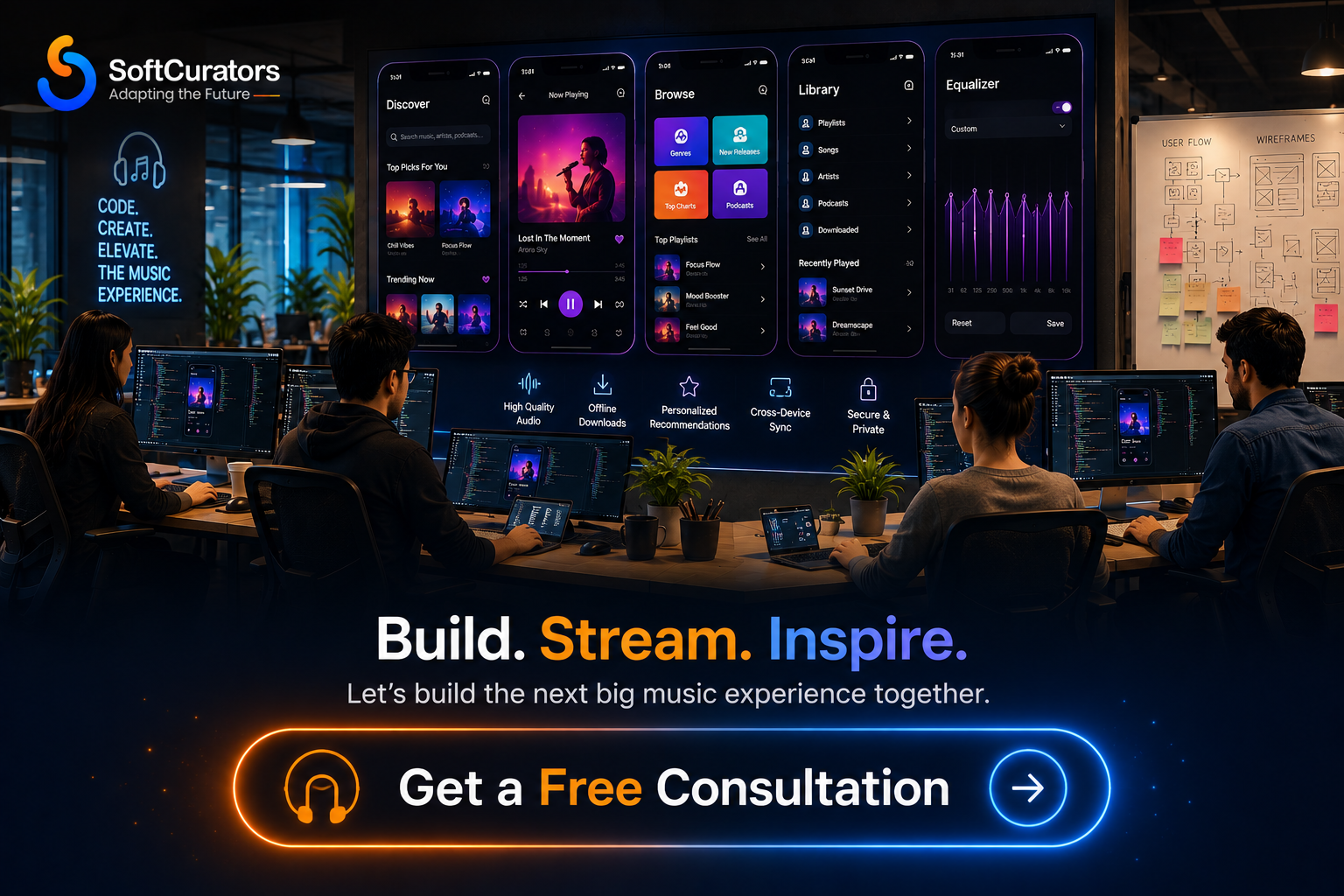 Softcurators mobile app development team building a music streaming app contact Softcurators to build your app