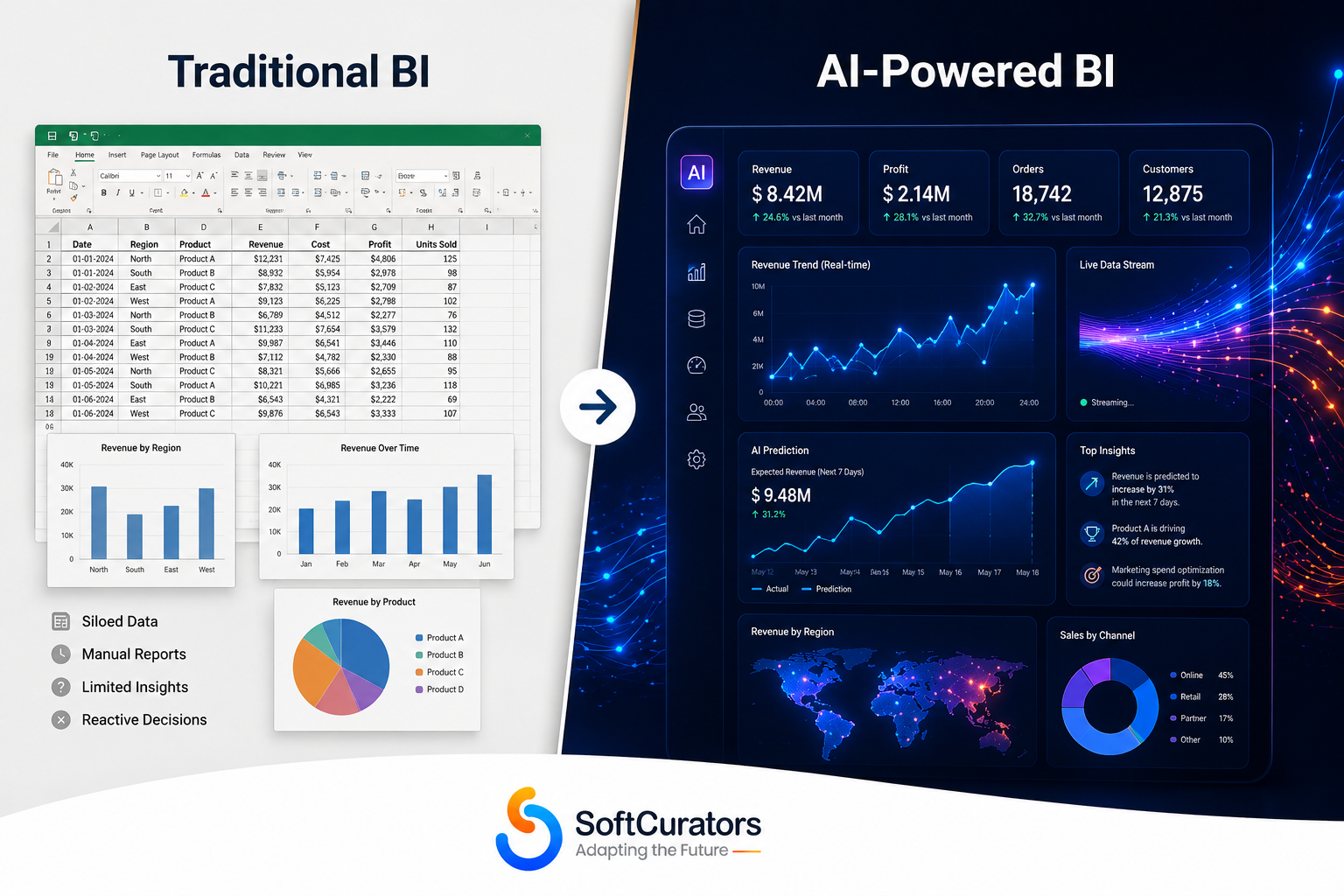 Side-by-side comparison of traditional business intelligence tools versus AI-powered BI dashboards showing speed, depth, and predictive capabilities