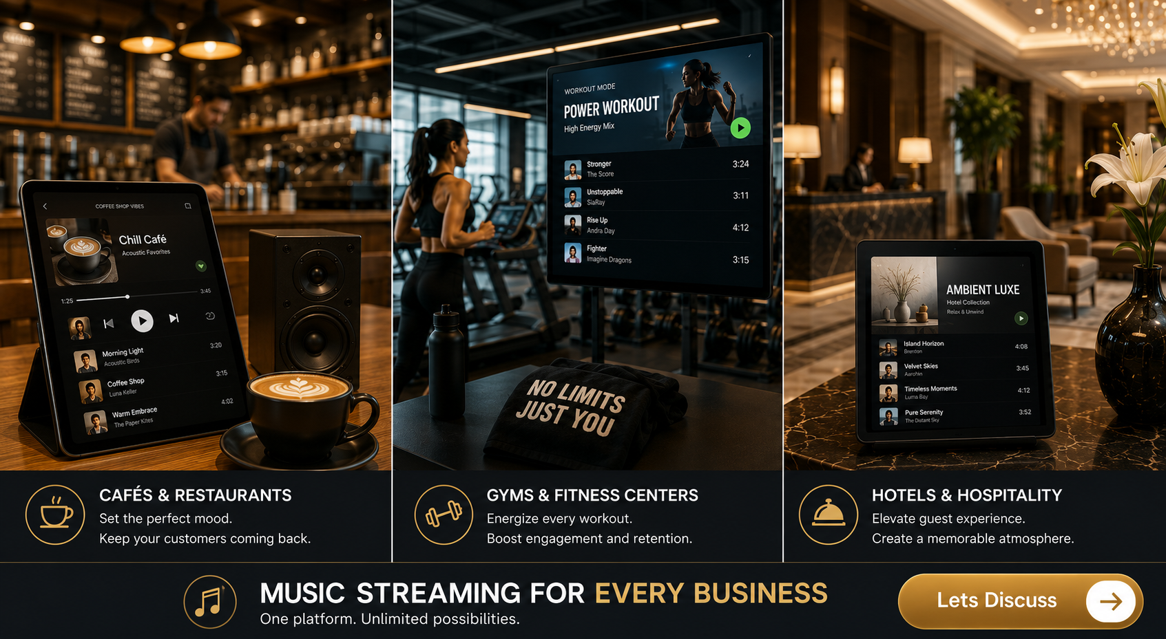 B2B music licensing model for streaming apps business use in gyms, cafes and hotels