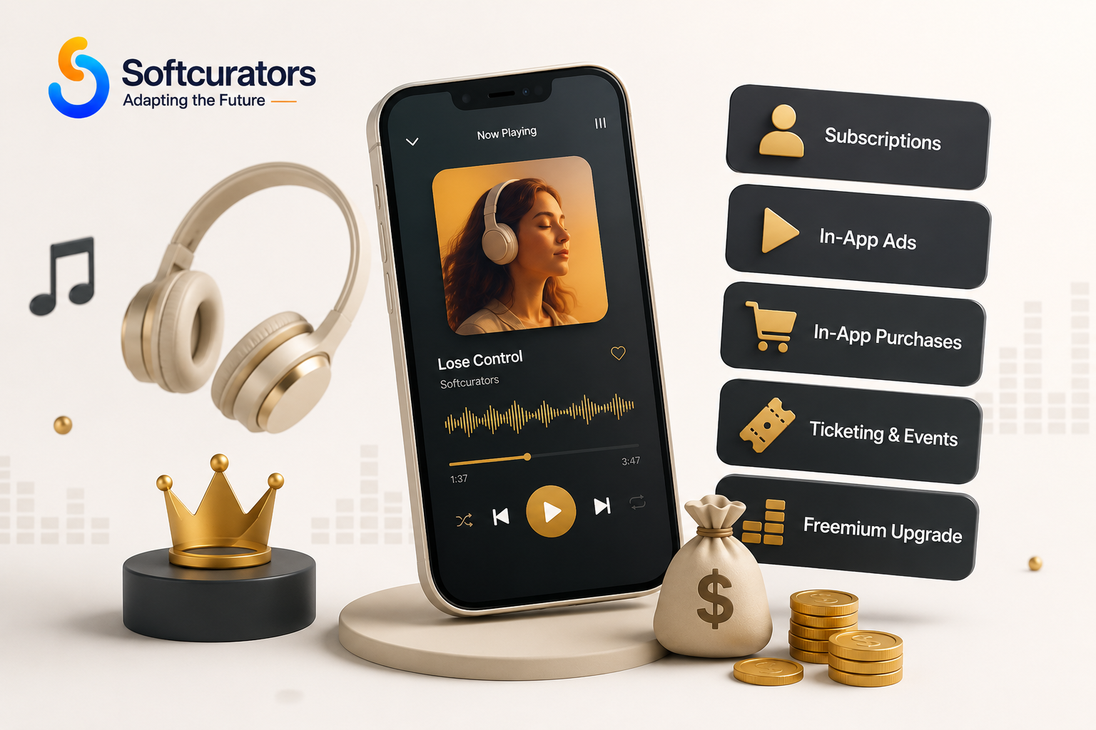 Music streaming app monetization models revenue strategy overview by Softcurators