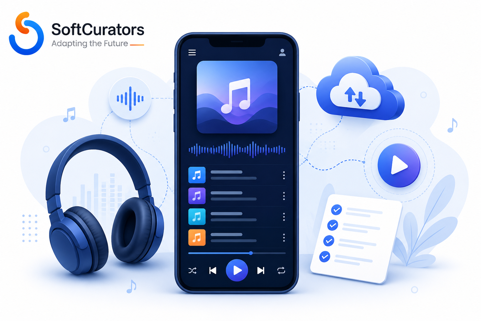 Illustration of a music streaming app interface on a smartphone."