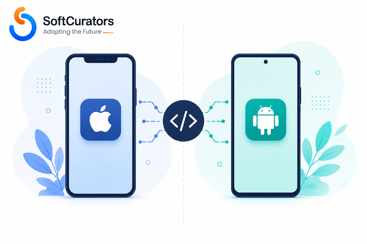 Illustration contrasting native iOS and Android development with a shared cross-platform codebase