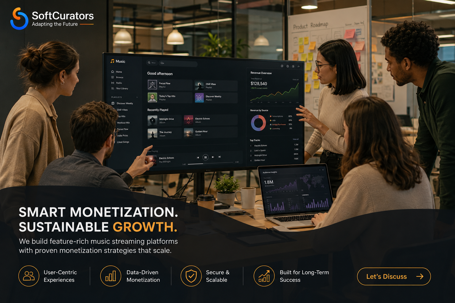 Softcurators development team building a music streaming platform with monetization strategy