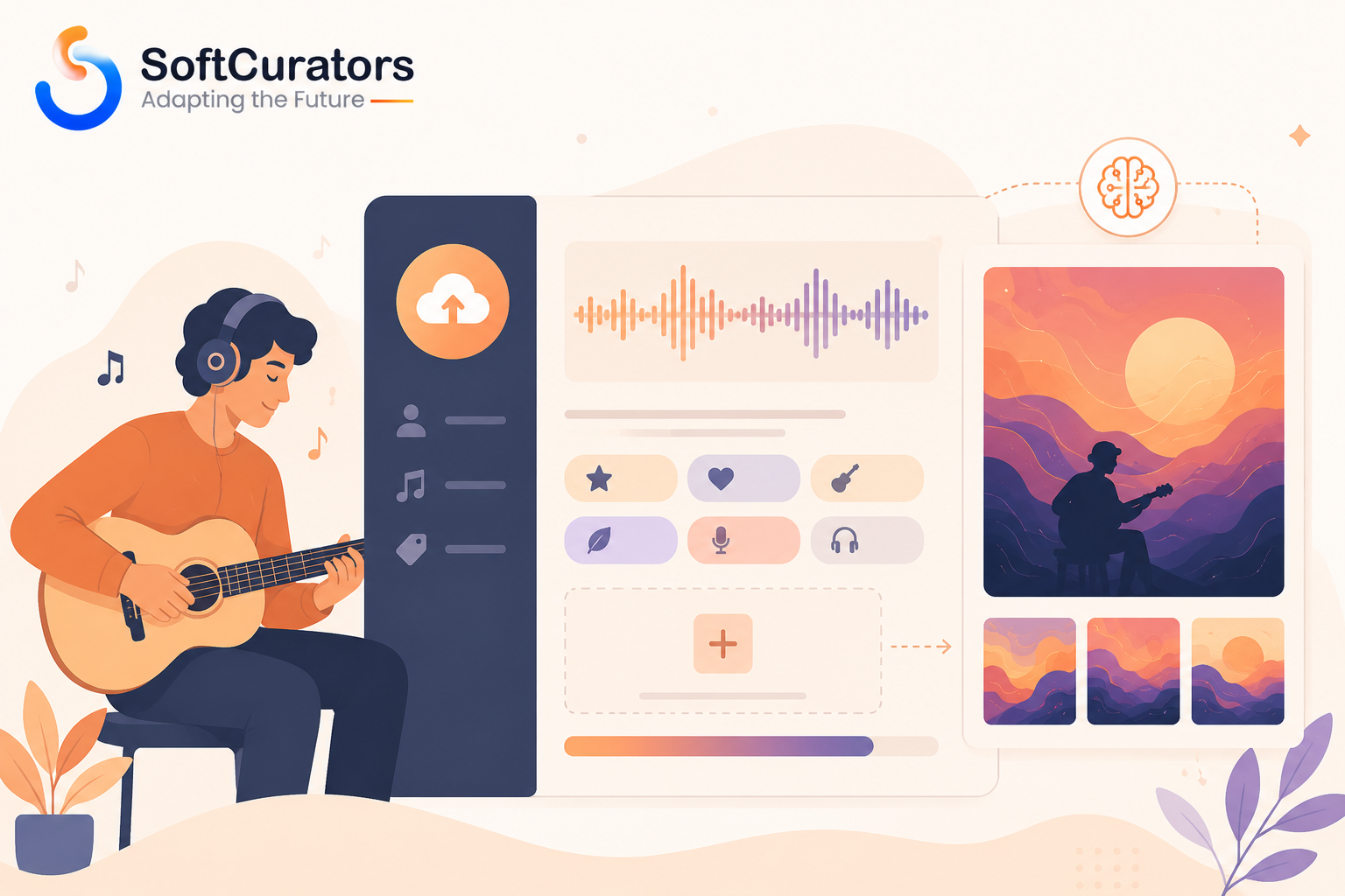 Illustration of AI-assisted tools inside a music app's creator upload flow