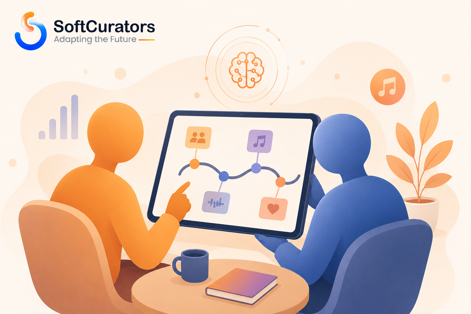 Illustration representing a product strategy conversation about AI features for a music app