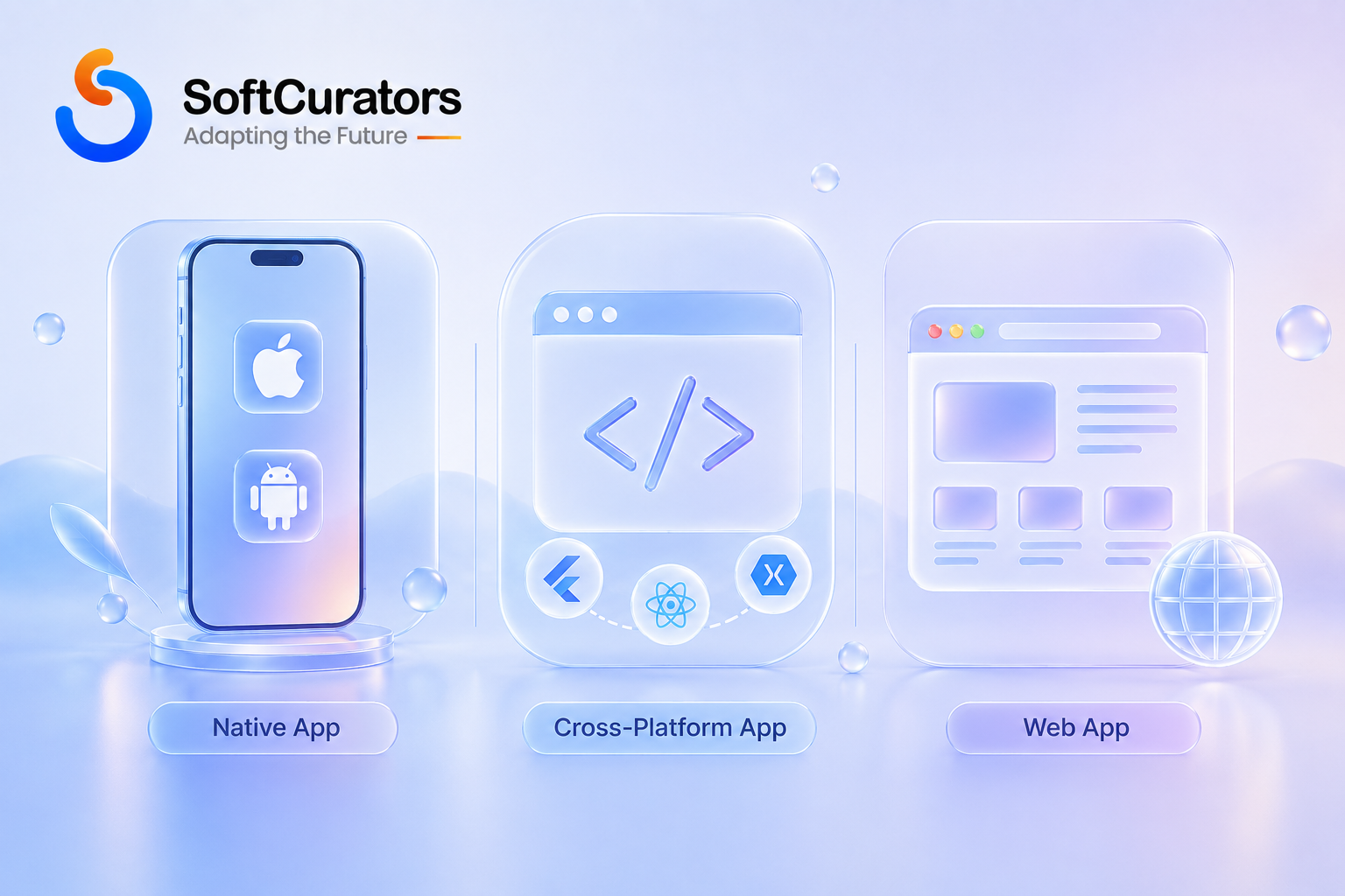 Illustration comparing native, cross-platform, and progressive web app development approaches