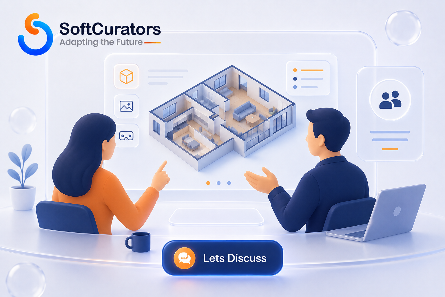 Illustration of a product strategy consultation session for virtual tour development