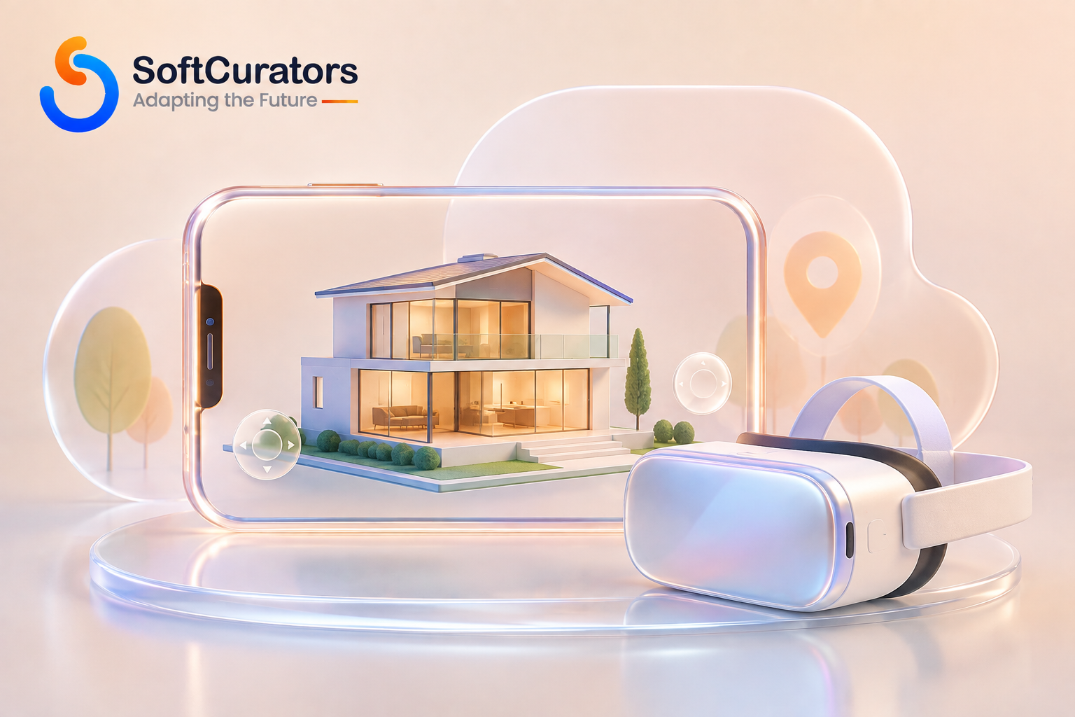 Illustration representing virtual property tours using AR and VR technology."