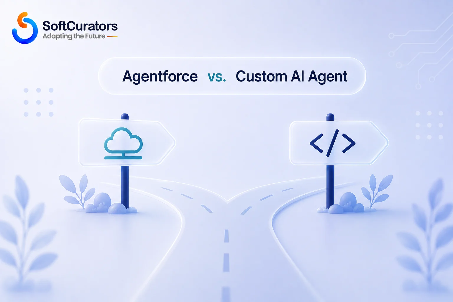 Illustration representing the decision between adopting Agentforce and building a custom AI agent