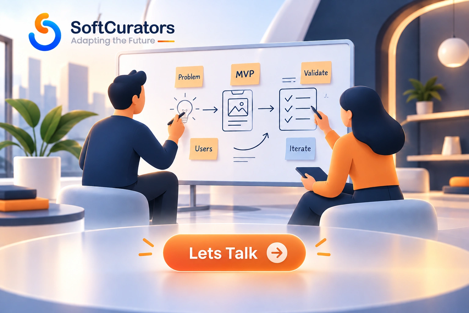Illustration of an MVP planning session helping a founder scope their minimum viable product.