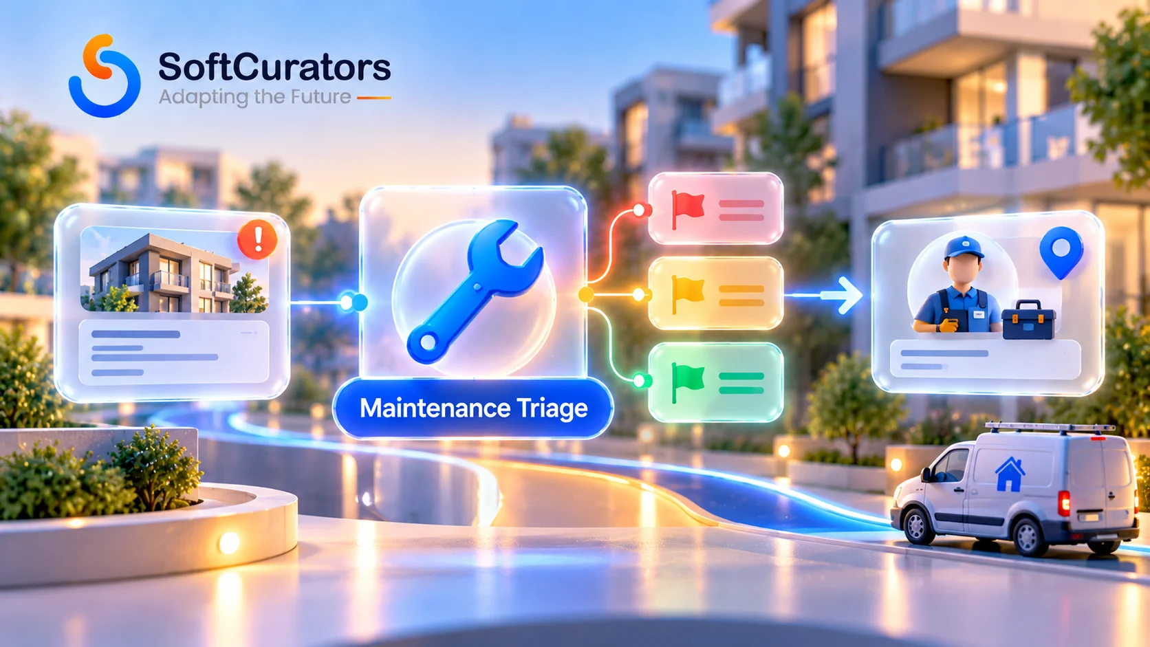 Illustration representing AI-assisted maintenance request triage and vendor dispatch