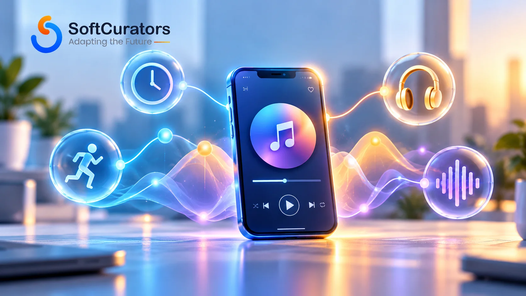 Illustration of a music app adapting recommendations to mood and context