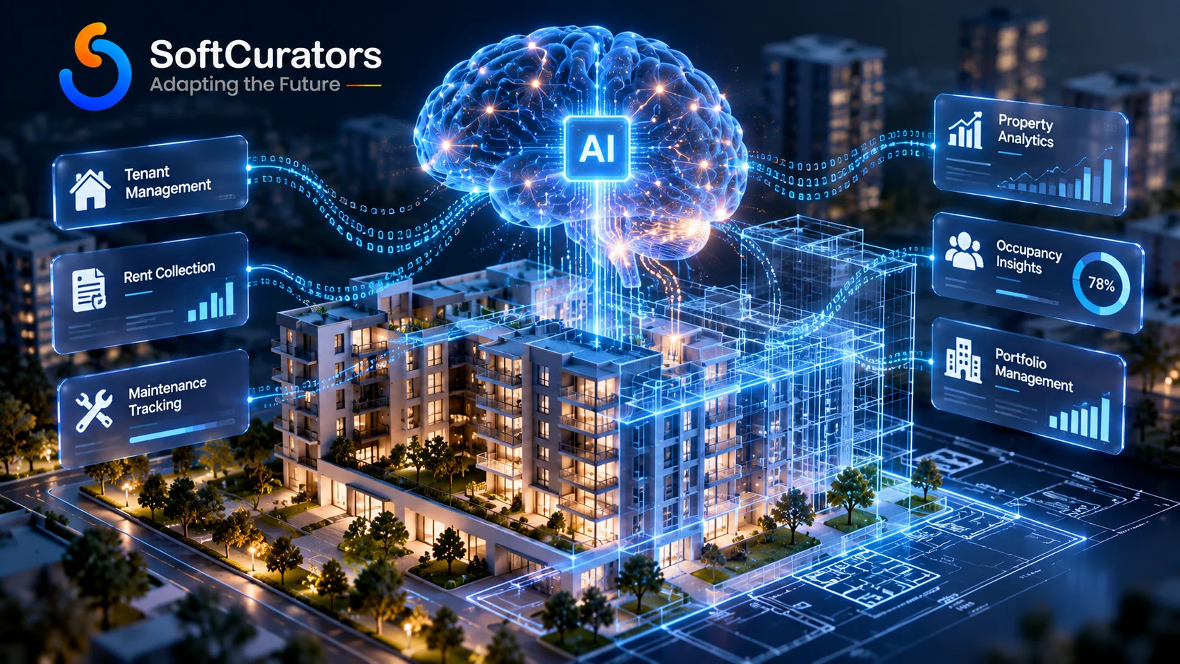 Artificial intelligence algorithms analyzing real estate property data.