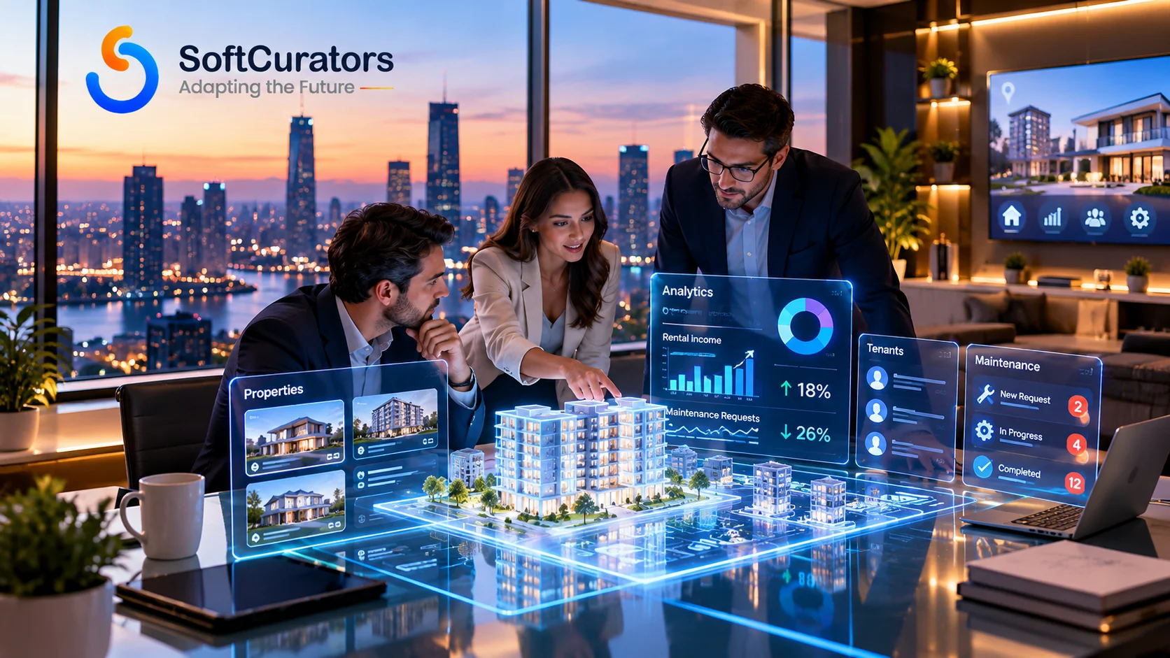 Modern real estate executives reviewing digital property management dashboards