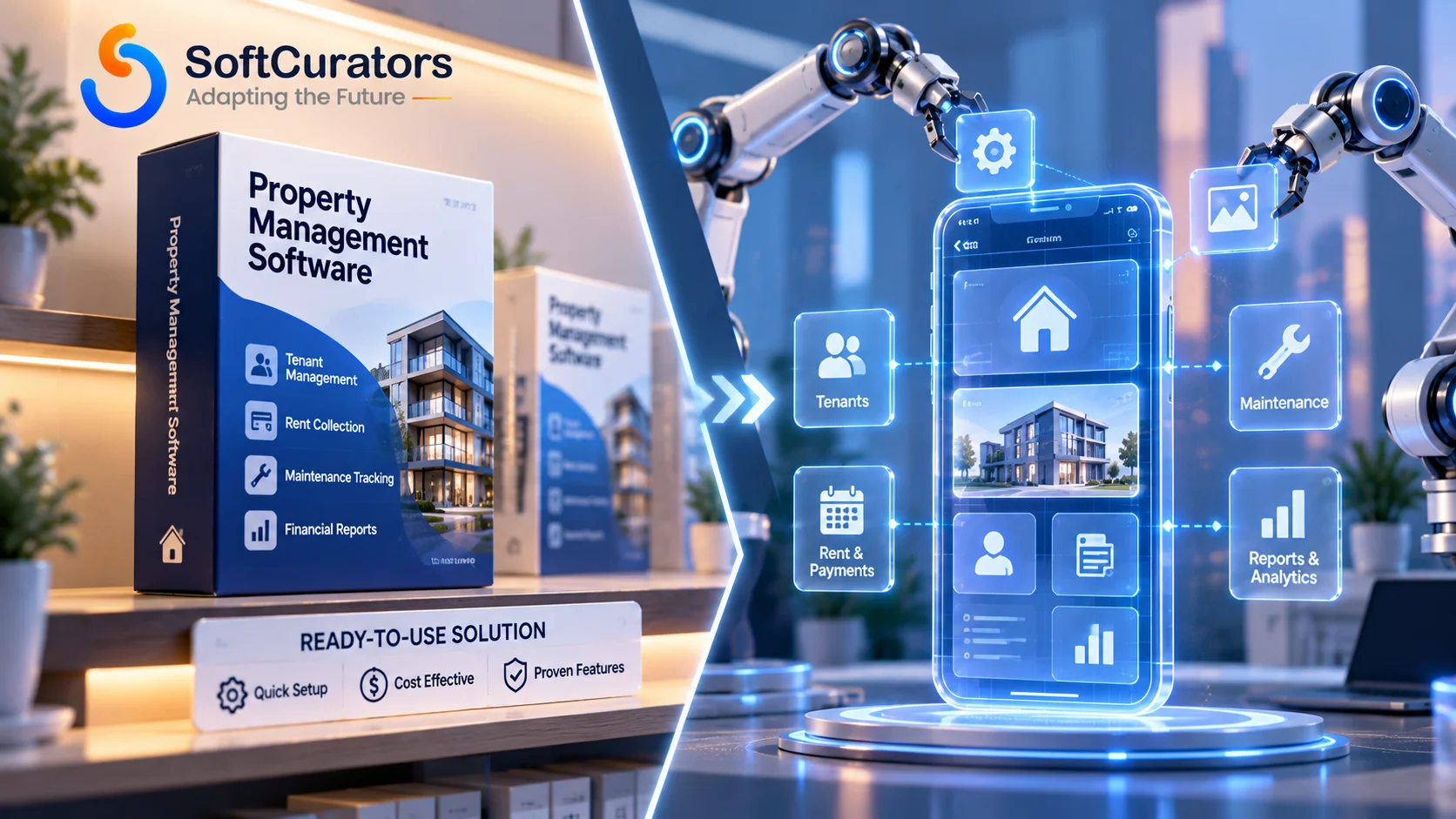 Illustration comparing off-the-shelf software versus custom real estate application development.