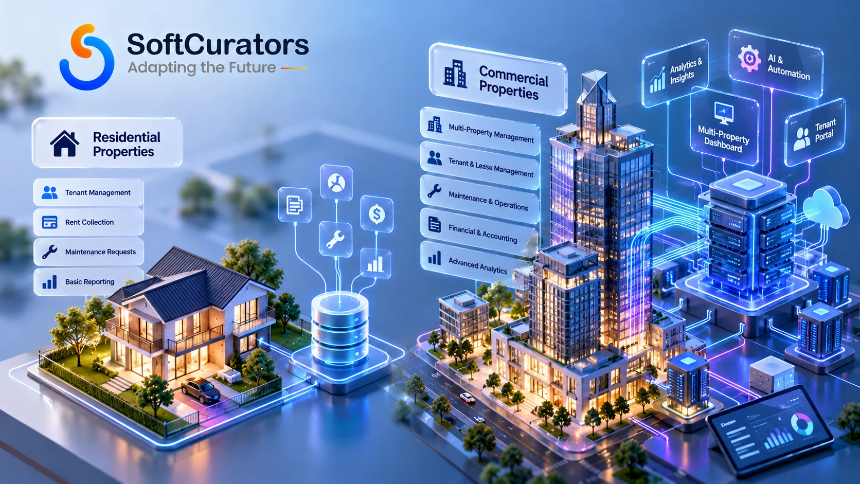 Database architecture differences between residential and commercial property software.