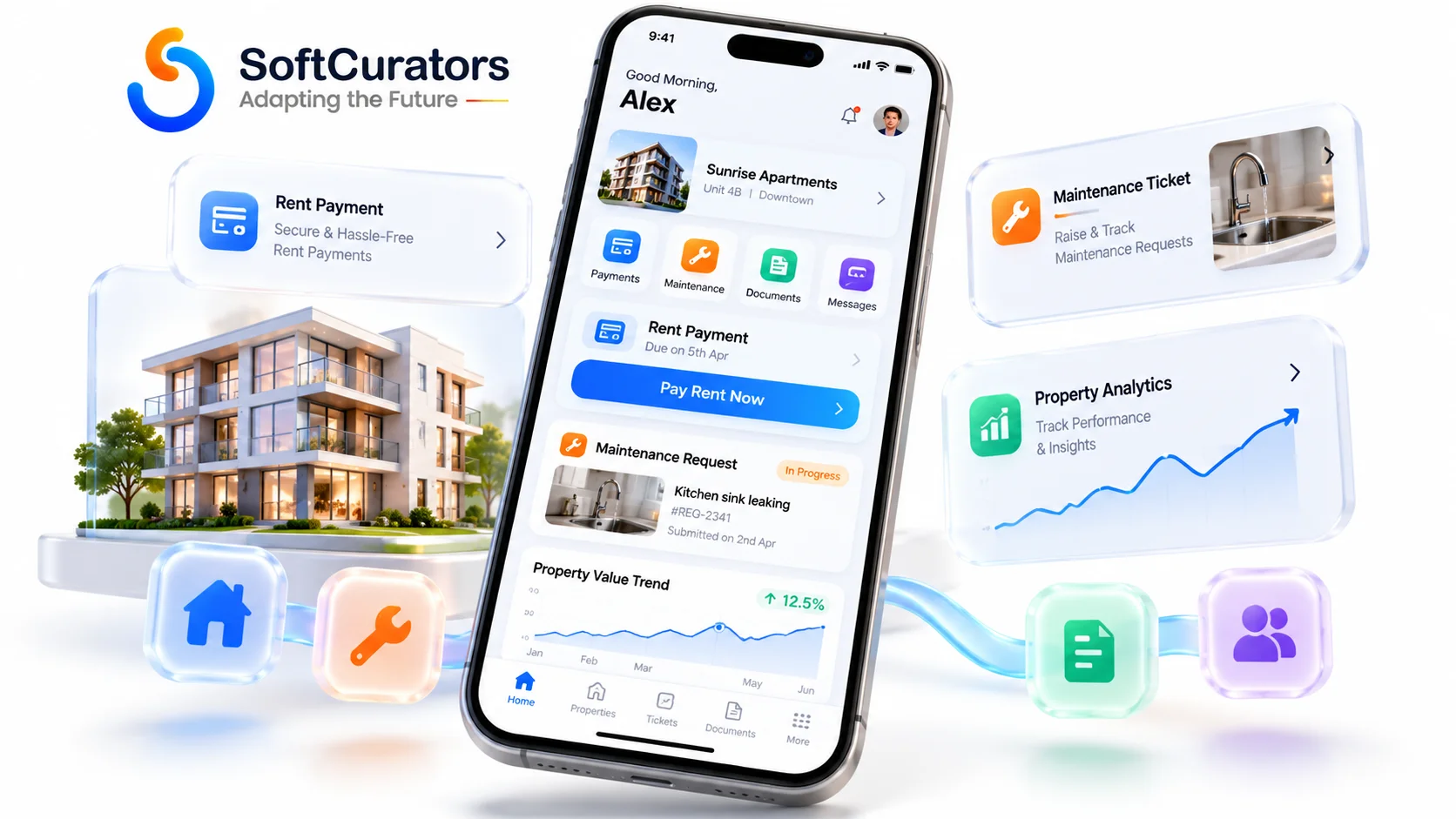 Modern user interface design for a custom property management mobile app.
