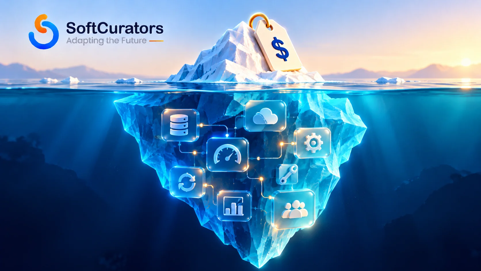 Illustration of an iceberg representing hidden AI feature costs beneath a visible price tag