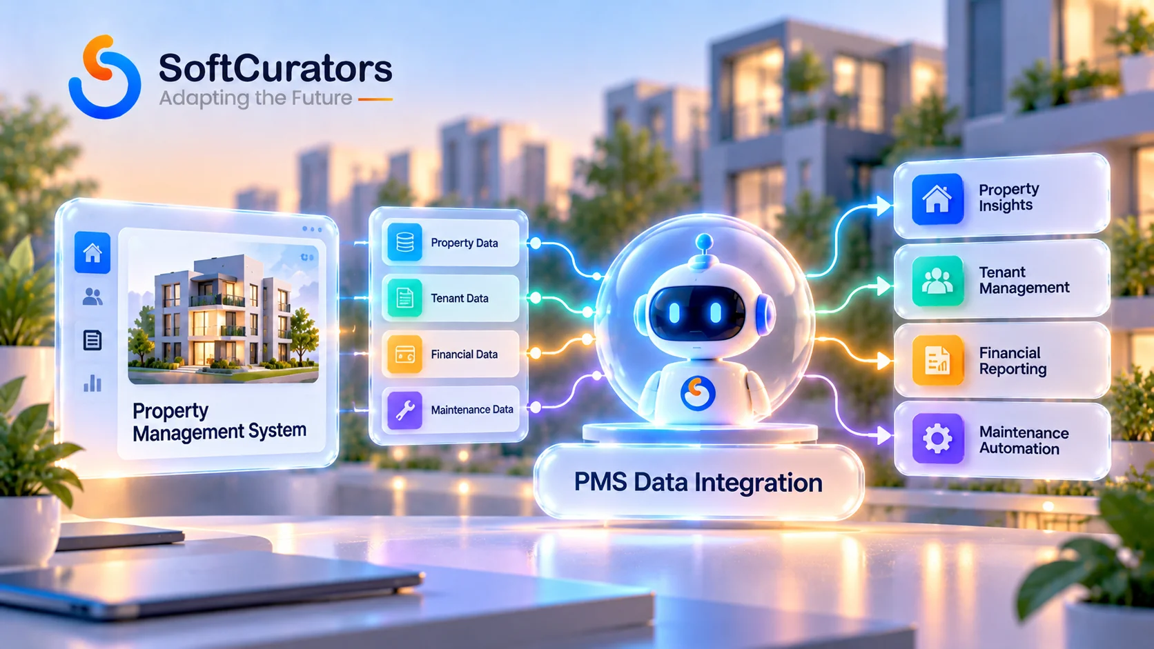 Diagram illustrating property management system data integration feeding an AI agent