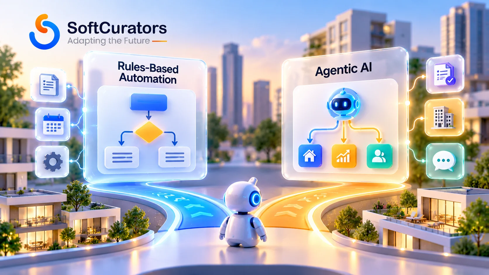 Comparison illustration of rules-based automation versus agentic AI for property operations