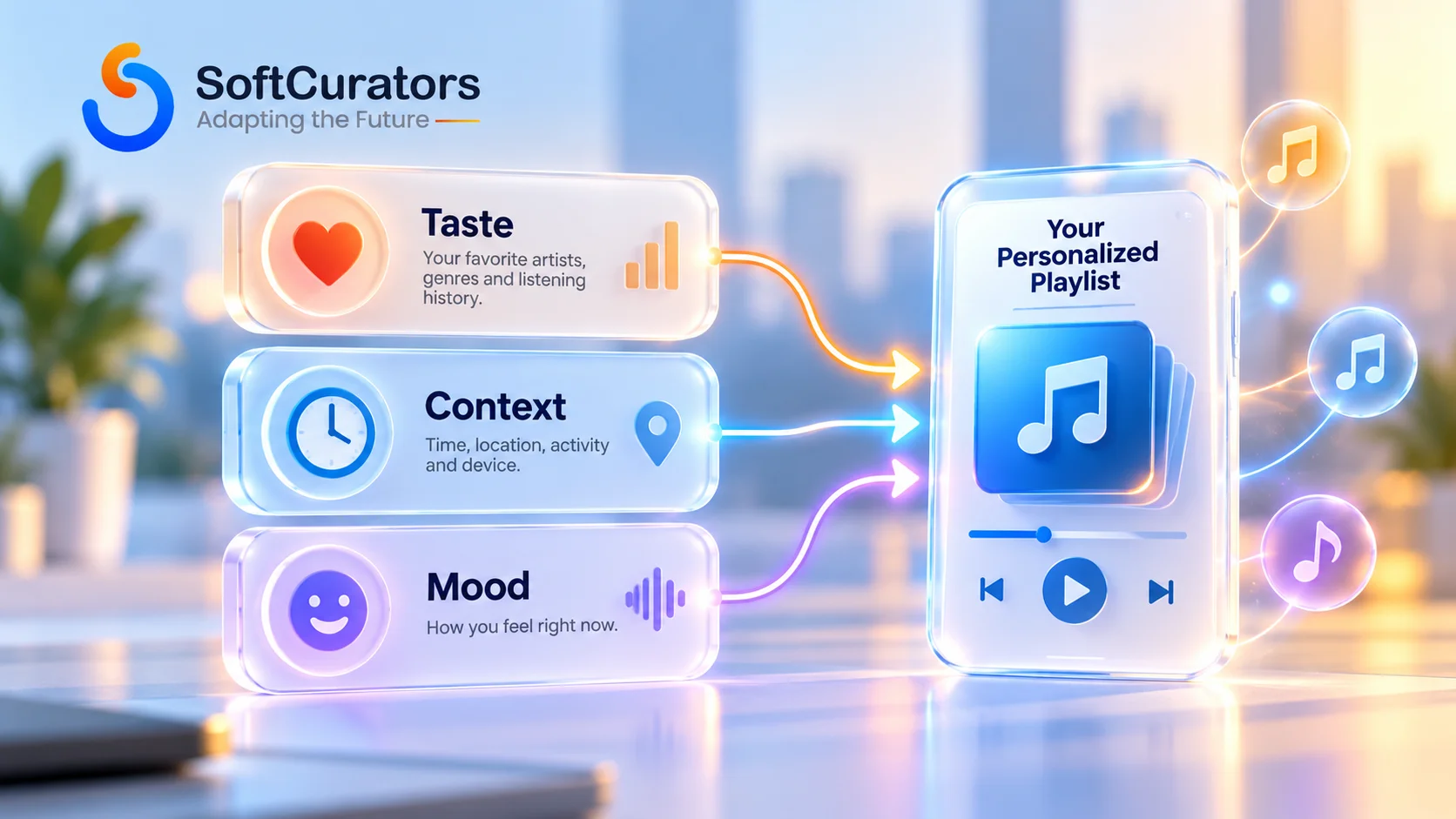 Diagram of taste, context and mood layers feeding a music recommendation
